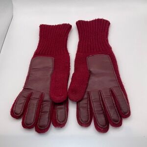 Vintage Leather And Knit Knitted Women's Gloves Red Retro M/L